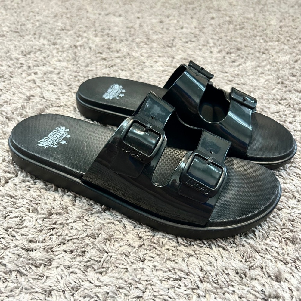Luofu Comfort Black Jelly Slide Sandals Double Strap‎ Buckle E-7188 Womens 10